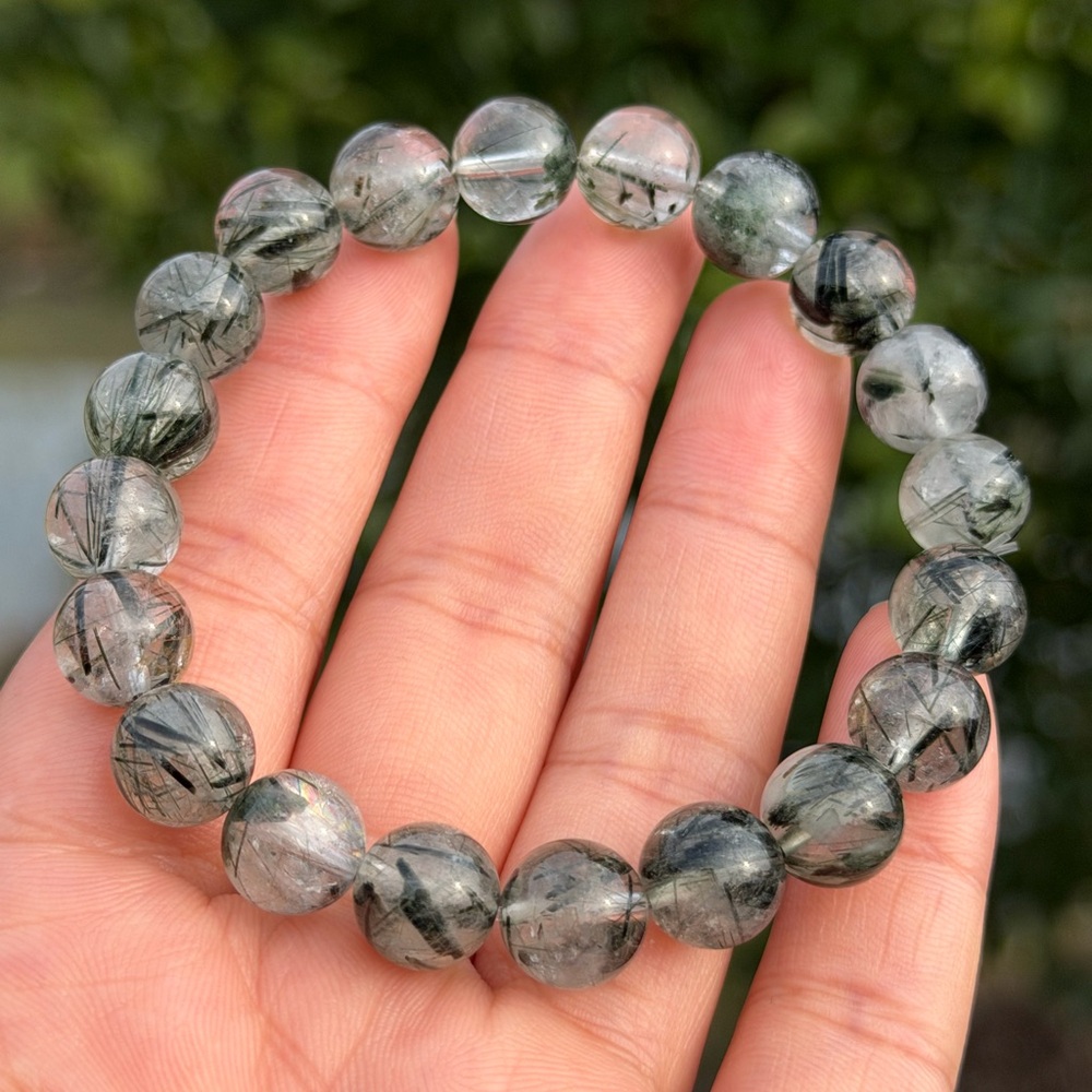 Natural Green Rutilated Quartz Stretch Bracelet 10mm Gemstone Beads 7" 1095